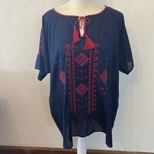 Caslon navy blue burgundy embroidered short sleeve blouse Size XL New